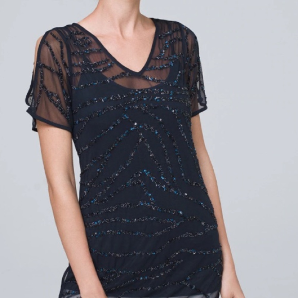 WHBM Navy Blue sequins mesh top with tank top